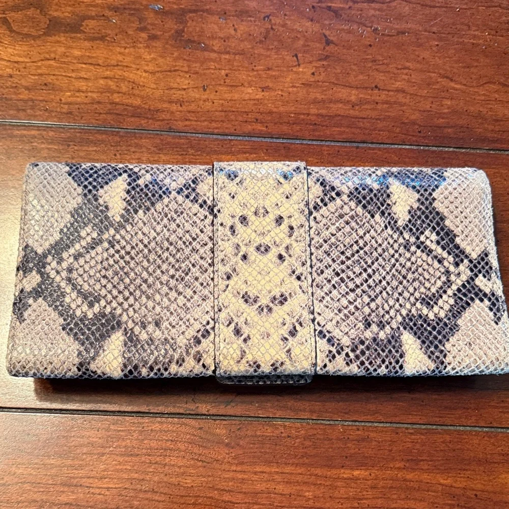 Michael Kors Snakeskin-Print Clutch in Beige and Black with Gold Buckle